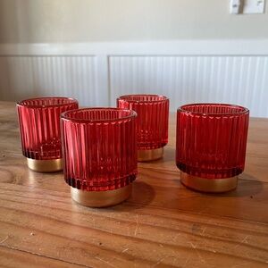Red Ribbed Glass Tea light/Votive Holders with Painted Gold Base Set of 4